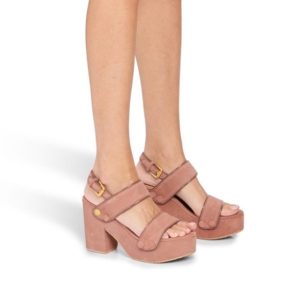 SEE BY CHLOE' l Pink Suede Galy Sandals Chunky Platform Summer Brass Hardware 39 - Picture 1 of 13